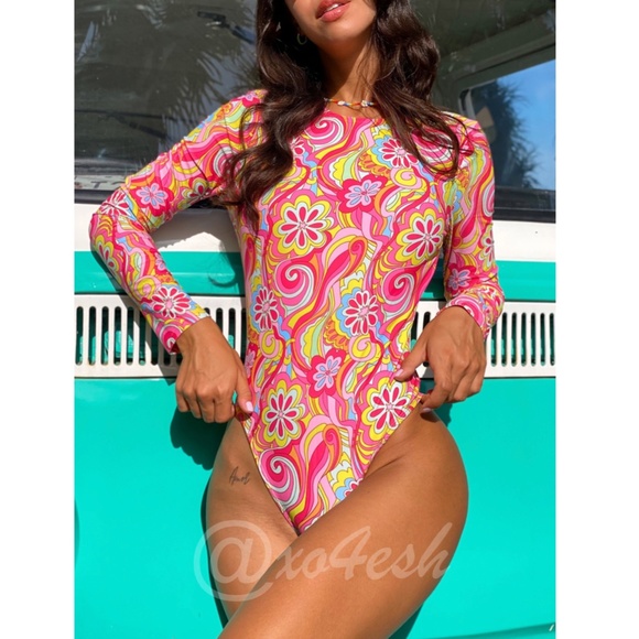 Backless Long Sleeve Swimsuit Floral Print Pink - Picture 3 of 13